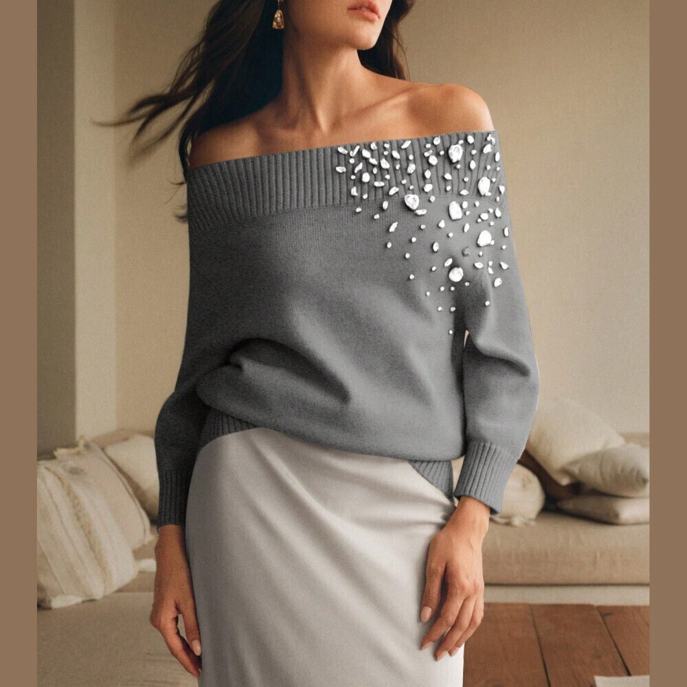 Gray Rhinestone Embellished Off Shoulder Ribbed Knit Sweater - Picture 2 of 11